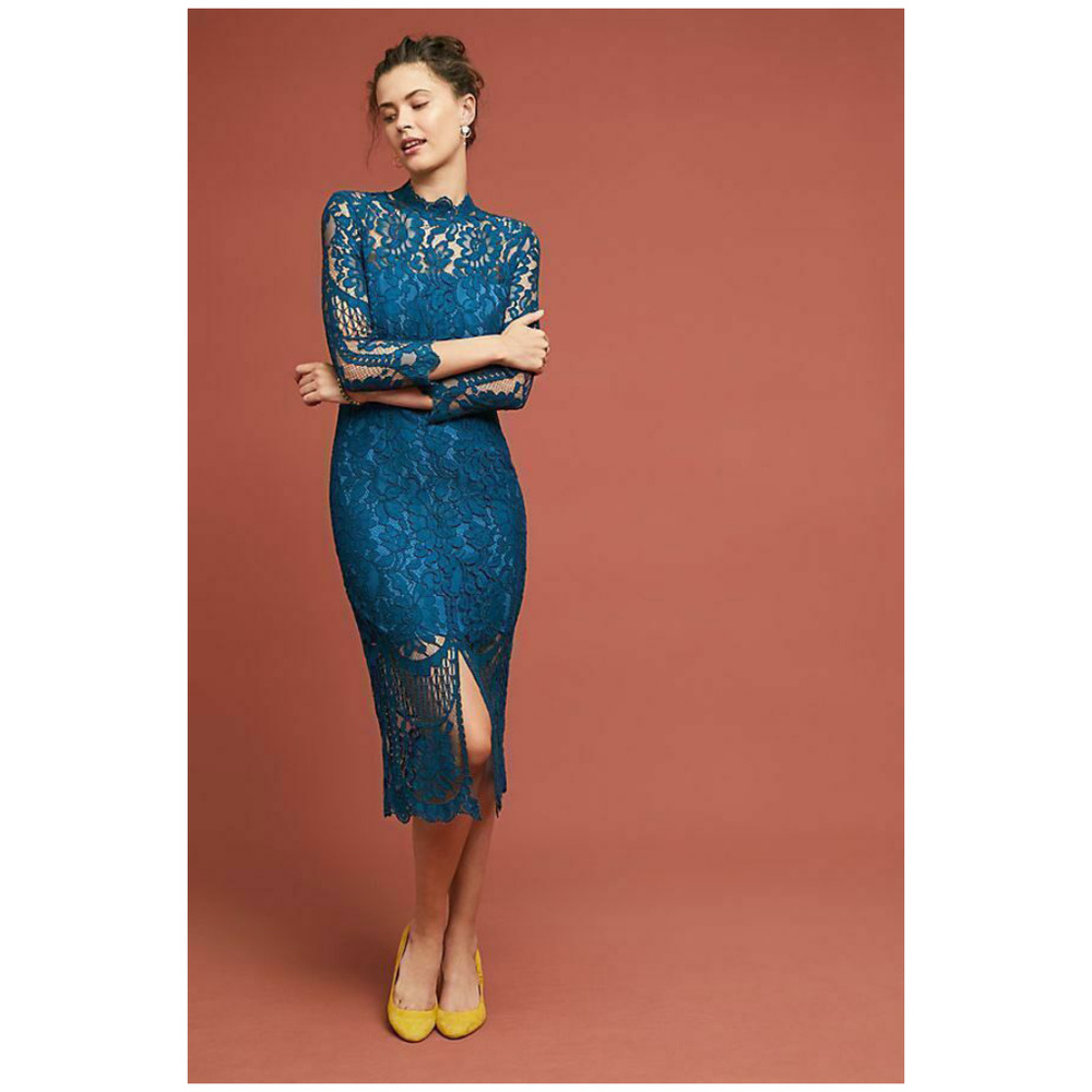 YUMI KIM Anthropologie Antoinette Gown Blue Lace Cocktail Dress Holiday Party XS